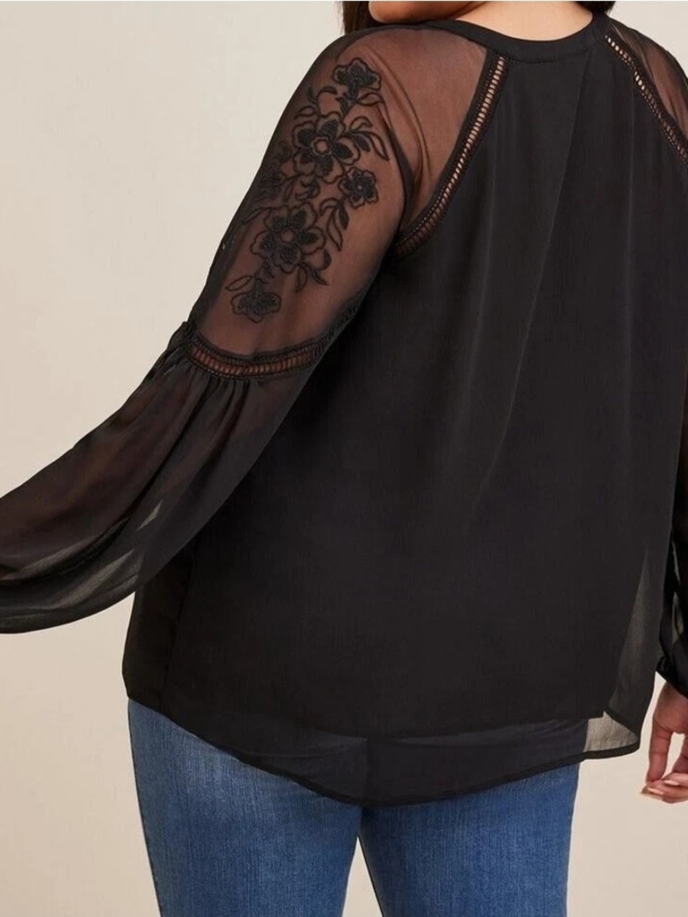 Torrid Black Sheer Floral-Embroidered Long Sleeve Blouse